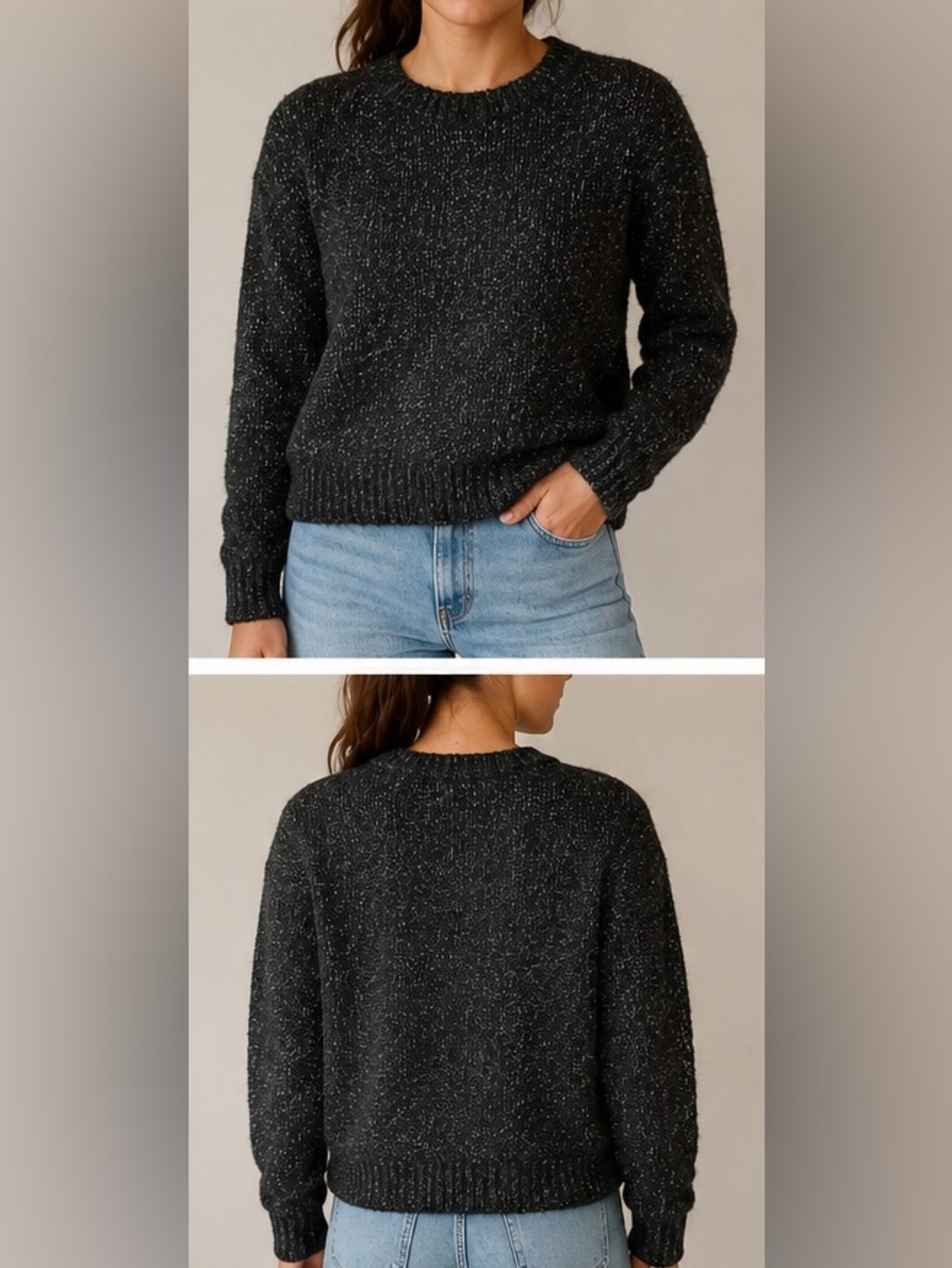 GAP Black Silver Fleck Knit Sweater Women’s SP Cozy Crewneck Pullover - Picture 2 of 5
